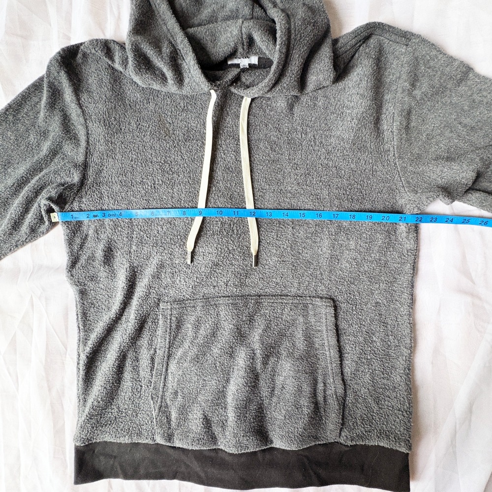 Feat Mens Medium Gray Fuzzy Fleece Hoodie Black Contrast Trim Pullover - Picture 3 of 5